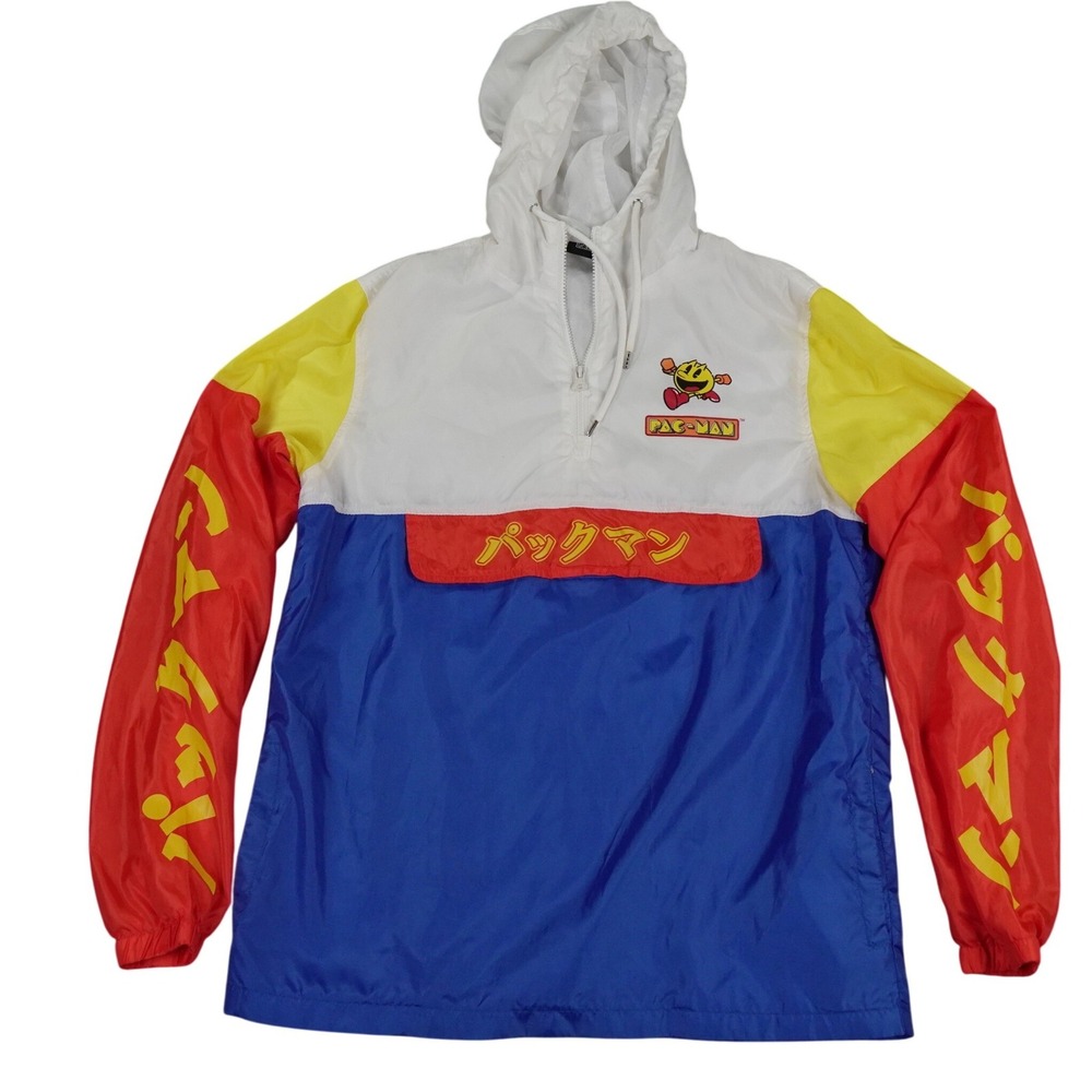 Pac-Man Bandai Windbreaker Mens Medium Colorblock Japanese Kangaroo Text Jacket‎